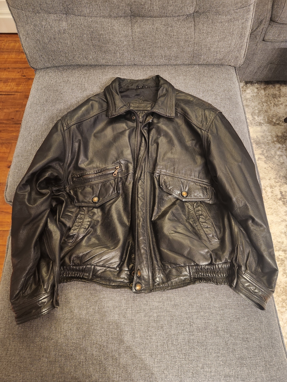 Men's Black Leather Bomber Jacket with Snap Pockets